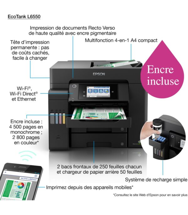 Epson EcoTank L6550 Imprimante multifonction à réservoirs rechargeables (C11CJ30403)