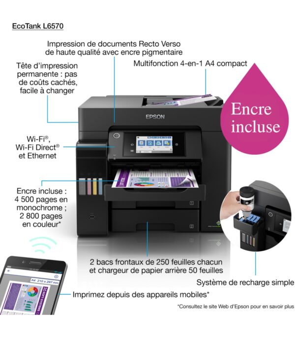 Epson EcoTank L6570 Imprimante multifonction à réservoirs rechargeables (C11CJ29403)